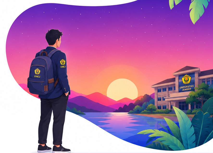 Mahasiswa mengenakan jas almamater Universitas Jember warna biru dongker di lingkungan kampus